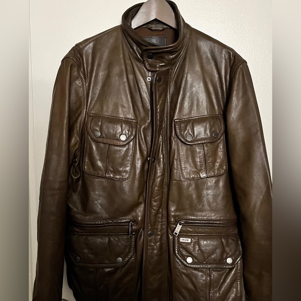 Tumi Aviator Leather Coat Brown Burnished Leather -Medium